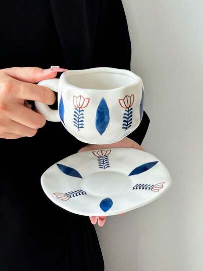 1 pieza Juego de taza y platillo de café con flor de palma azul pintada a mano, taza de cerámica minimalista hecha a mano, taza de cerámica de alta calidad adecuada para leche, café, té de la tarde, regalo