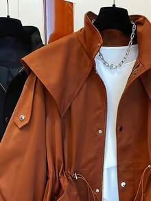 1pc Solid Color Woven Fabric Drawstring Pocket Front Button Trench Coat, Casual Spring/Autumn - Rust Brown - View 3