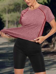 Women's Solid Color Sports T-Shirt - Round Neck, Lightweight, Short Sleeve, Elastic Polyester Blend, Suitable For Spring & Summer, Dyed Loose Basic Style, Casual Half Sleeve Blouse - Red - View 3