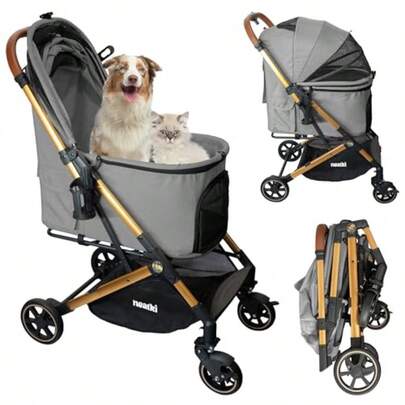 Carriola Plegable para Perros y Gatos Capacidad de 70 lbs Ruedas Frontales Giratorias 360° Plegado con un Solo Clic Sistema de Freno Correa y Clips de  Cojín Removible y Lavable y Portavasos Gris 70 lbs