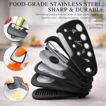黑色六件套独特厨房小工具套装，可堆叠节省空间，包括刨丝器、削皮器、披萨刀和开瓶器 - 彩色 - 查看 1