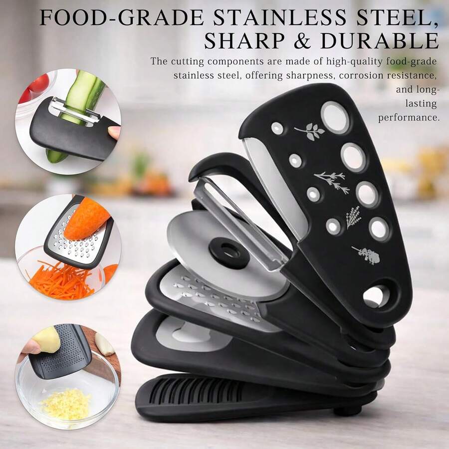 黑色六件套独特厨房小工具套装，可堆叠节省空间，包括刨丝器、削皮器、披萨刀和开瓶器 - 彩色 - 查看 1