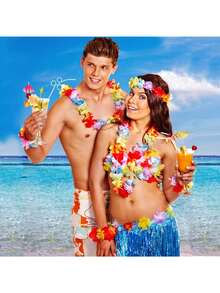 1 pieza Falda de hierba de colores, decoración de fiesta tropical, disfraz de baile, celebración de cumpleaños de verano, conjunto de actuación con tema hawaiano, con falda con flecos y flores, adecuado para decoración de playa y fogata hawaiana - Múltiples estilos - Ver 10