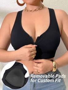 Plus Size Women Seamless Wireless Comfortable Breathable Bra, Full Coverage Supportive Sports Camisole With Wide Straps - Black - View 1