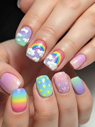 24 Pcs Colorful Press On Nails Short Square Shape Fake Nails Rainbow Gradient Stick On Nail Full Cover False Nails With White Dots Designs Glossy Stick On Nail For Women DIY Manicure Decorations