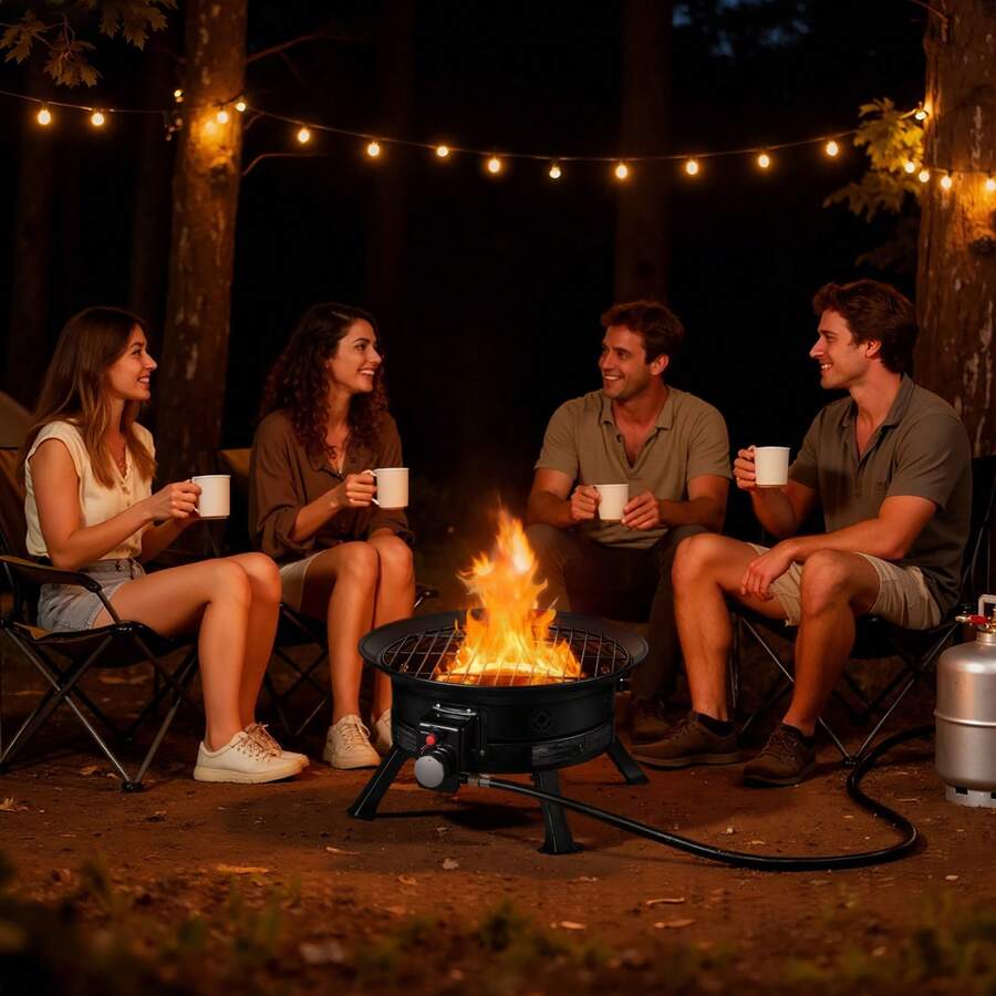 Propane Fire Pit 19-Inch, 53,000 BTU Portable Gas Fire Pit, With Grill Grate & Lava Rocks, Adjustable Flame, Folding Legs,Smokeless Outdoor Firebowl For Camping, Patio, Backyard, Deck, RV, Black - 19英吋 - 查看 1