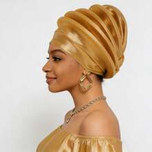 Shimmer African Head Wraps Solid Color Multi-Layer Church Turban For Women Stretch Hat - Gold - View 4