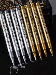 2/4/6pcs Metallic Soft Tip Paint Pens, 2 Colors (Gold/Silver), Suitable For Any Material, Ideal For DIY Painting On Black Cards, Graffiti, Handicrafts And Notebooks, DIY Signature Pens - Perfect Gift For Back To School Season - Multicolor - View 2