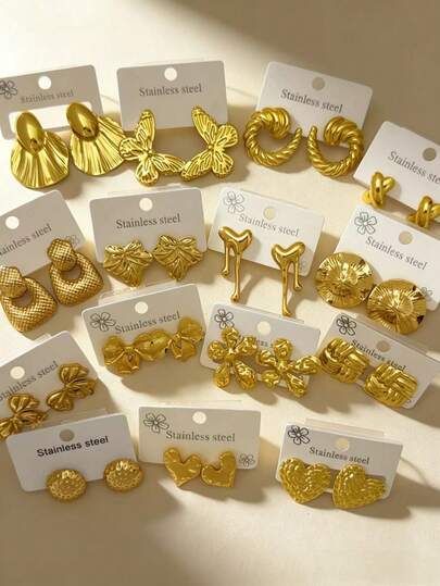 24 Pieces (Random Styles) Of Gold Earrings, Low-Allergenic Material, Elegant Design, Pendant Earrings, Stainless Steel Earring Set, The Best Earrings Gift For Female Friends