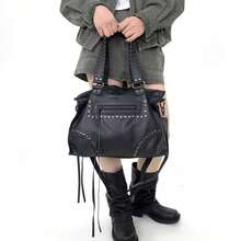 Y2K Vintage Women's Vegan Leather Tote Bag, Large Capacity Rivet Splicing Personalized Street Shoulder Bag - Black - View 6