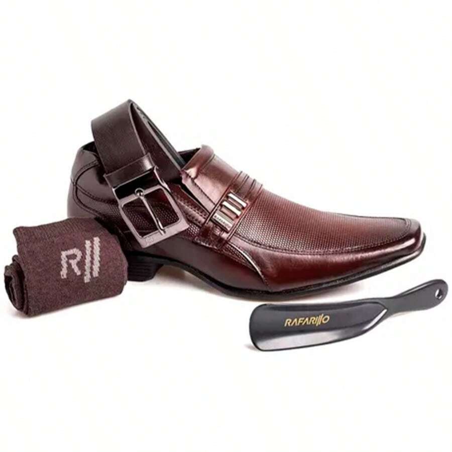 4-In-1 Kit: Rafarillo Men's Dress Shoes In Genuine Mahogany Brown Leather + Belt + Socks + Original Shoehorn - Rust Brown - View 1