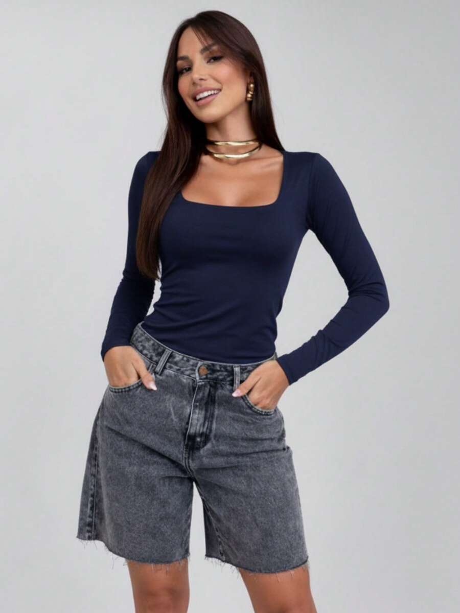 Set Of 3 Women's Second Skin Baby Look Blouses, Long Sleeve, Square Neck, Basic Shaping, Soft Supplex Fabric, Lined, Elastic, Premium Casual Fashion, Versatile, - 海洋 - 查看 1