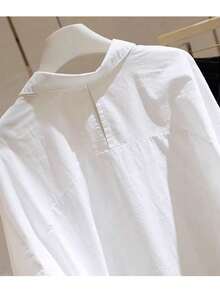 Blusa de manga larga con cuello de botones, de tela tejida blanca, para primavera/verano - Blanco - Ver 6