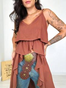 Longline Tunic With Thin Straps, Boho Chic Style. - Camel - View 4
