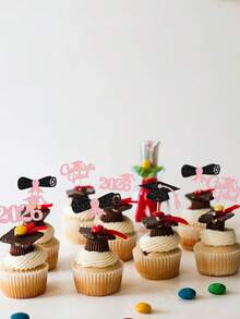 12pcs Congrats Grad 2026 Cake Toppers - Graduation Diploma & Cap Cake Decorations For High School, College 2026 Graduation Party - Black and Pink - View 3