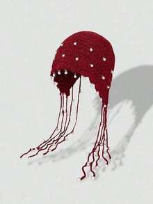 1pc Thick Handmade Crochet Hollow Out Beanie Hat, Warm Knitted Tasseled Cap, Fashion Accessory For Women, Suitable For Winter, Boho, 4th Of July, Mother-Daughter Outfit, Halloween, Vacation - Đỏ - Xem 6