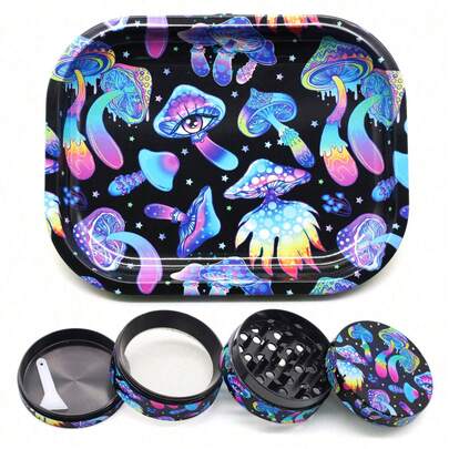 1 Set, Metal Rolling Tray With 4-Layer Metal Grinder, Pattern Hand Grinder, 50mm (2 Inch) Ruler, 18cm*14cm Pattern Tray, Home Decor, Smoking Accessories, Party Gift, Gift For Friends