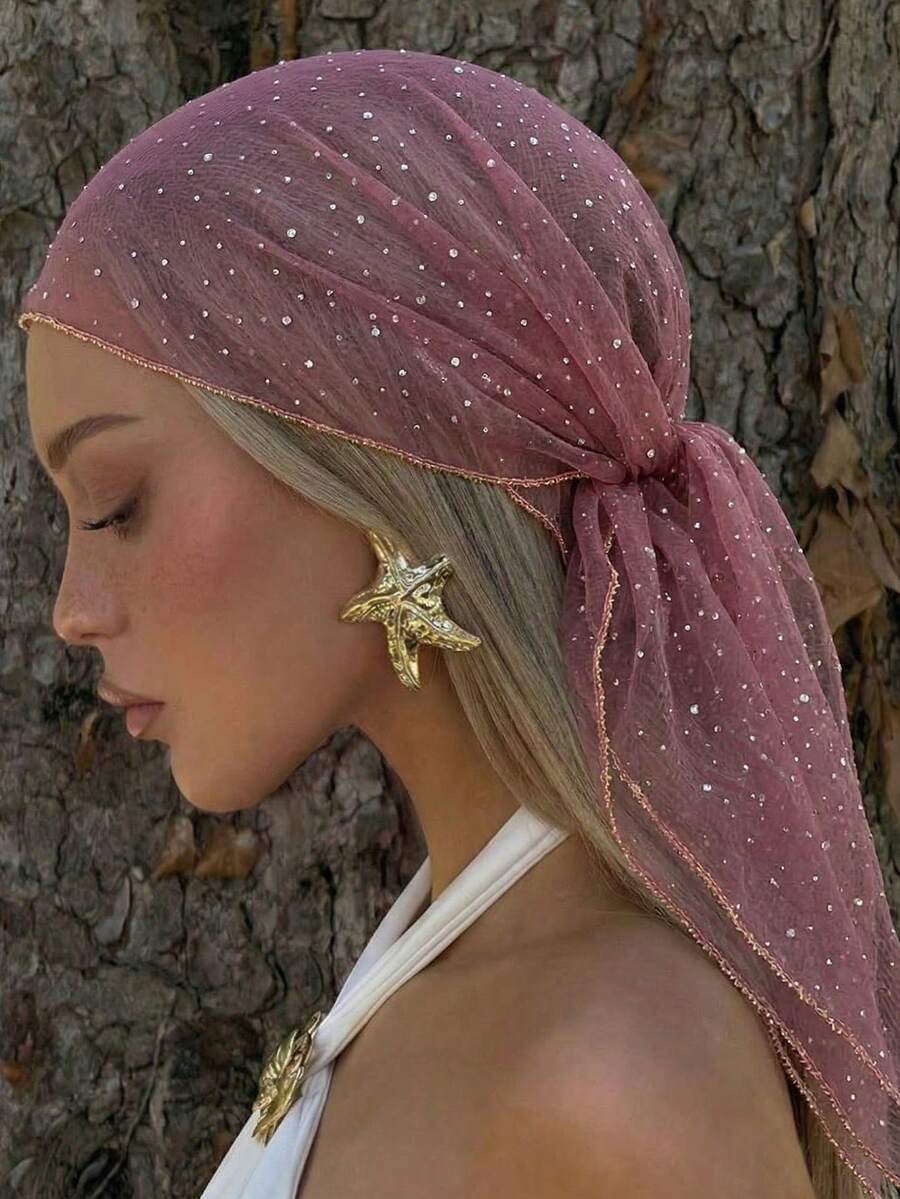 1PC Spring New Women's Solid Color Embroidery Print Rhinestone Scarf And Minimalist, Lightweight Casual And Versatile - Reddish-brown - View 1