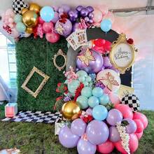 138件套仙女主题气球花环套装，包含格子铝箔气球和亮粉色、浅粉色、紫色和绿色乳胶气球。适用于生日派对、迎婴派对、周岁生日派对以及公主、仙女和仙境主题派对用品。 - 查看 5
