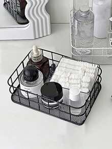 1pc Multi-Functional Iron Wire Storage Basket, Rust-Proof Grid Sorting Tray, Bathroom & Kitchen Dual-Use Shelf, Open Design Saves Space Large Capacity Storage, Suitable For Toiletries, Cosmetics, Condiments, Snacks, Small Items, Space-Saving Wall-Mounted/Tabletop Dual-Use Sorting Organizer - Black - View 2