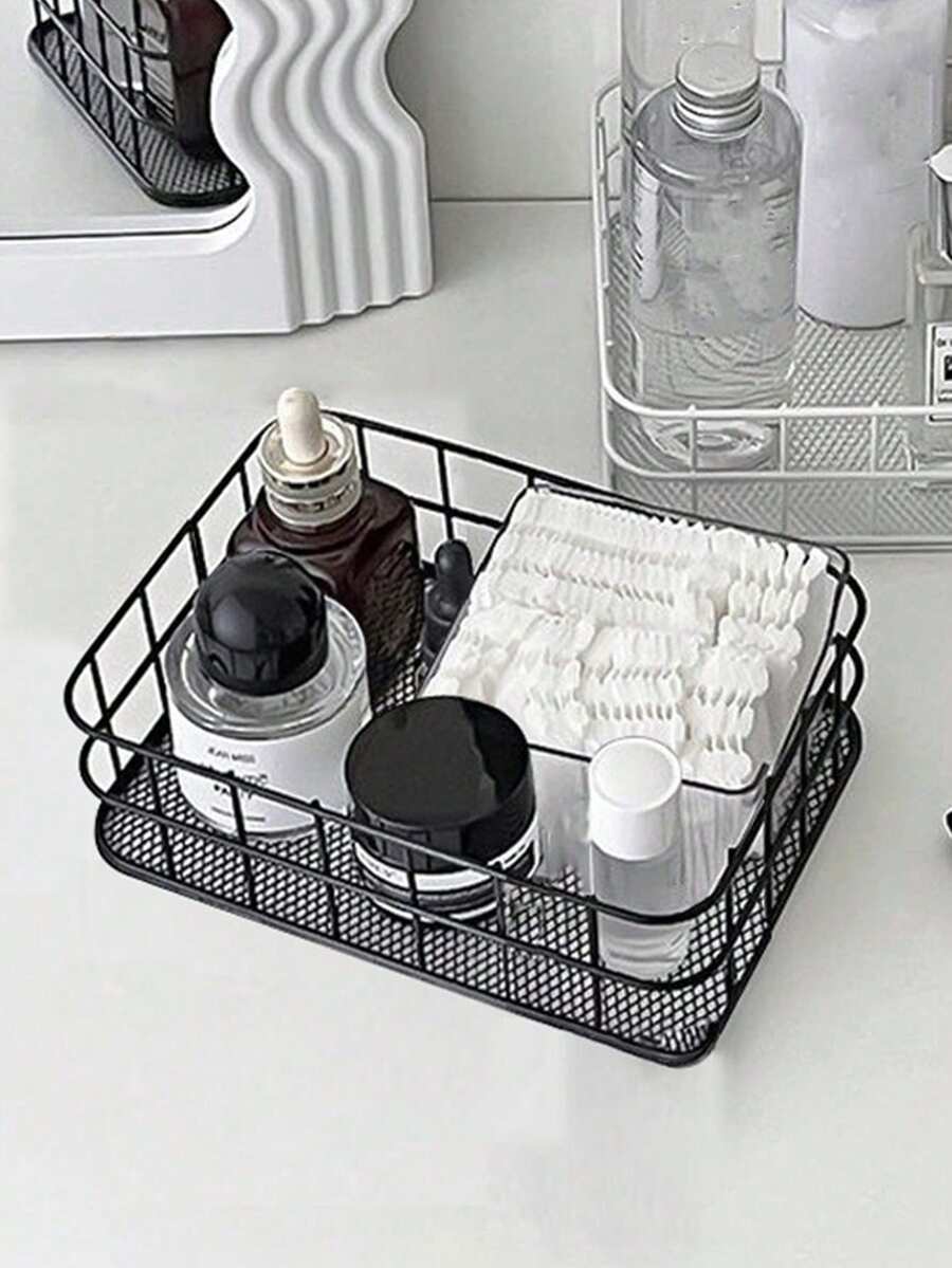 1pc Multi-Functional Iron Wire Storage Basket, Rust-Proof Grid Sorting Tray, Bathroom & Kitchen Dual-Use Shelf, Open Design Saves Space Large Capacity Storage, Suitable For Toiletries, Cosmetics, Condiments, Snacks, Small Items, Space-Saving Wall-Mounted/Tabletop Dual-Use Sorting Organizer