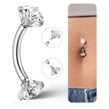 女士小巧金色肚脐环 - 低过敏性内螺纹精致肚脐穿孔饰品，镶嵌小巧的漂浮锆石，简约弯曲杠铃式肚脐环 - A - 查看 9