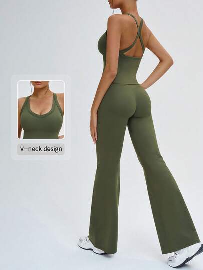 NcmRyu 一套女士吊带露背交叉背心和喇叭裤运动套装