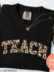 2026 Retro Leopard Print TEACH Printed Washed Cotton T-Shirt, Comfortable Summer Top For Teachers, Vintage Style, High-Quality Y2K Clothing, Multiple Colors Available, Local Warehouse,  Party Wear, White Tops, Valentine's Day Outfit, Mardi Gras, Summer Tops,   For Women, Valentine's Outfits For Women - 黑色 - 查看 2