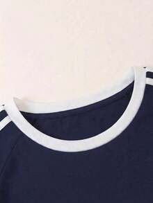 Women's Casual Colorblock Numeric 67 Print Side Stripe Collegiate Beach Daily Round Neck Short Sleeve T-Shirt, Everyday Wear Summer - Dark Blue - View 3