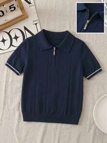 Boys' Collegiate Style Lyocell Solid Color Short Sleeve Half-Zip Lightweight Knit Pullover Sweater, Spring/Summer/Autumn - Navy Blue - View 7