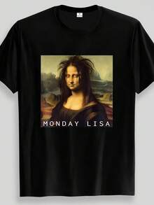 Women's Summer Tops, Men's Fun Monday Lisa Mona Lisa T-Shirt, Cotton T-Shirt - màu đen - Xem 9
