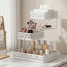 Senmeo 1pc Sleek 3-Tier Metal Cosmetic Organizer (No Installation), Space-Saving For Dressing Table/Bathroom - 白色花紋 - 查看 12