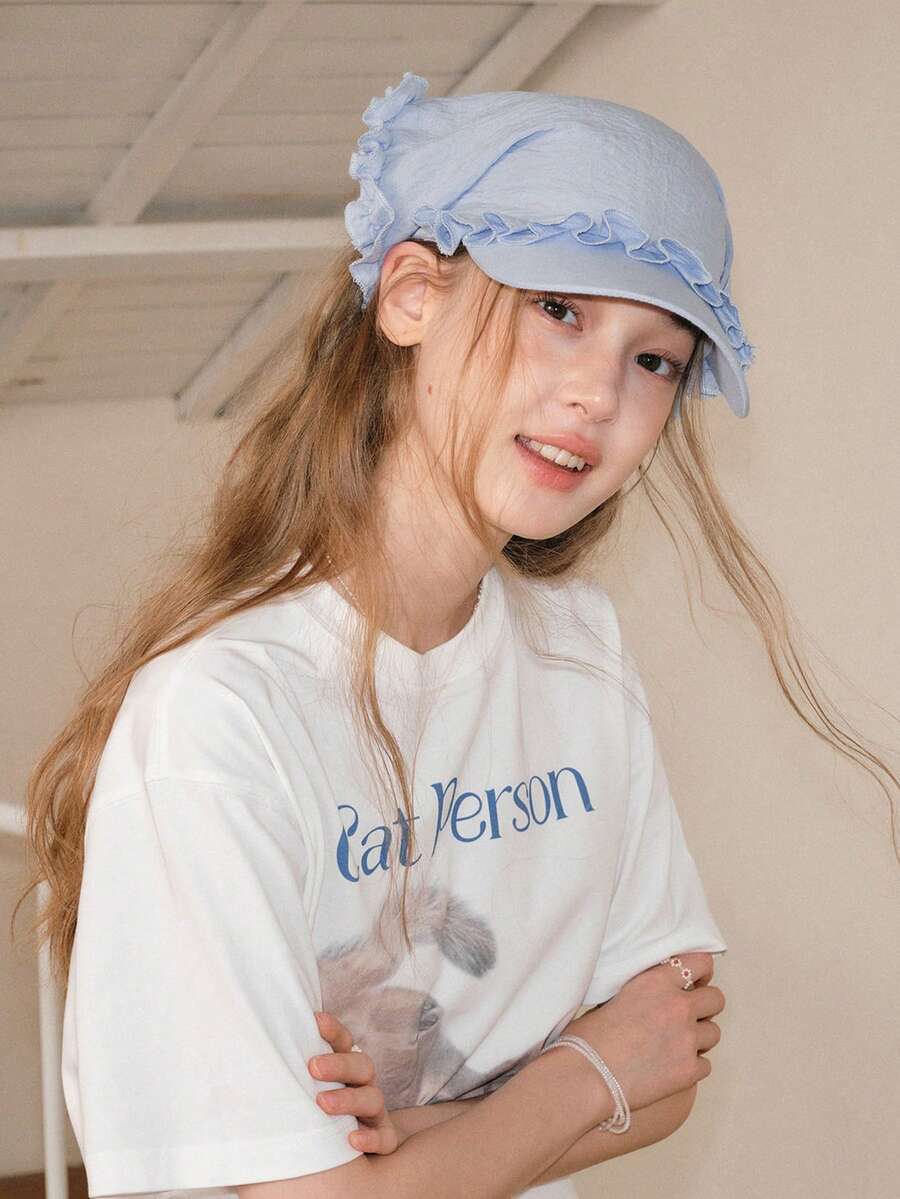 1Pc Women Cute Headscarf Baseball Cap,Adjustable UV Protection Ruffled Edge Versatile Popular Baseball Hat,Y2K Style, For Summer Holiday Look Beach. - Multicolor - View 1