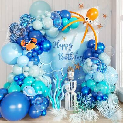 133pcs Underwater World-Themed Balloon Arch Set, Includes Long, Thin Latex Balloons In Dark Blue, Light Blue, Metallic Blue, And Clear Colors. Perfect For Birthday Parties, Baby Showers, First Birthday Celebrations, And Other Ocean-Themed Party Decorations.