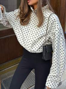 HLPHA Chaqueta elegante y casual de mujer para primavera/verano con lunares, tela arrugada, cremallera con cordón, cuello acanalado, para graduación y diversas ocasiones - Blanco - Ver 2