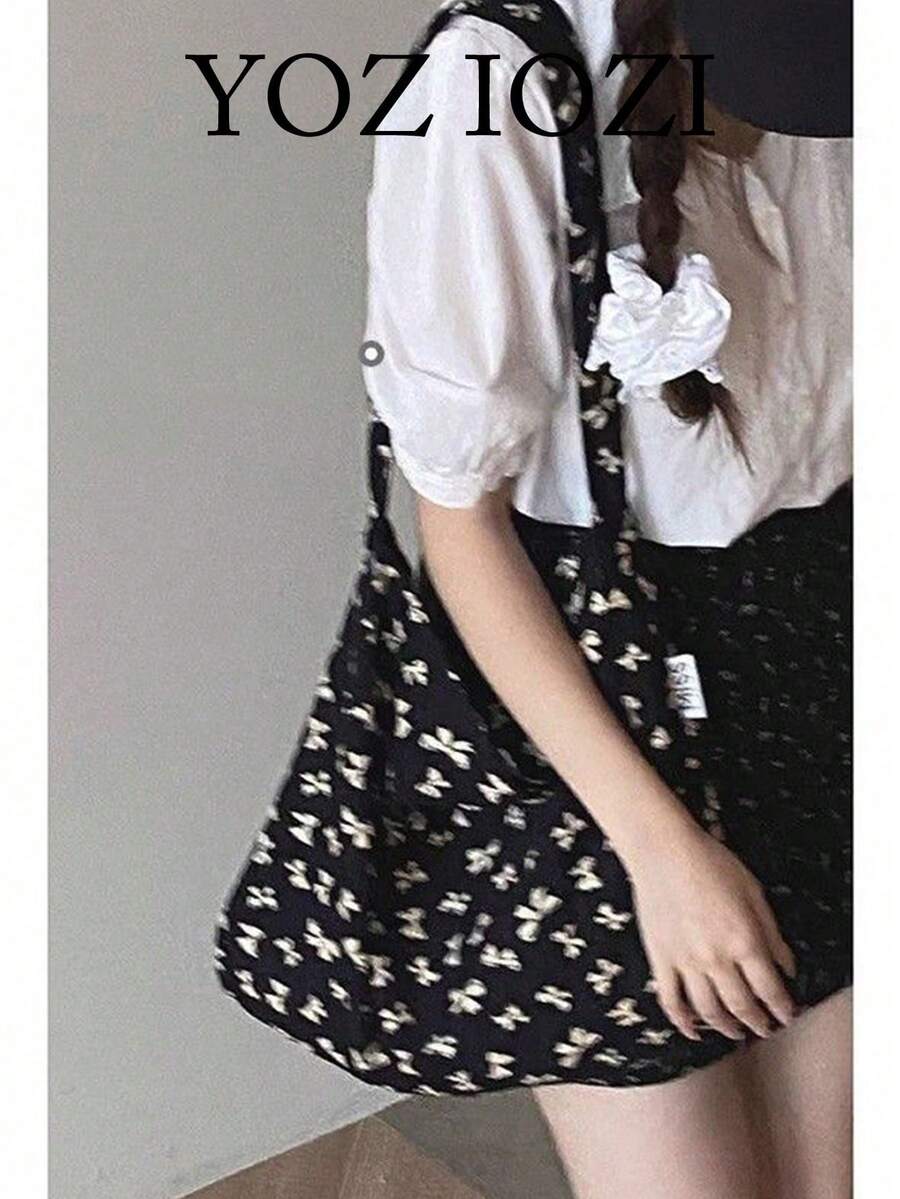 韩式小众设计碎花帆布手提包，通勤、外出、日常购物单肩/腋下手提包，大容量可折叠手提包 - 黑色 - 查看 1