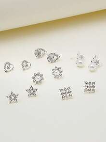1 Card/6 Pairs Rhinestone Geometric Earrings, Heart, Flower, Butterfly, Pentagram, Waterdrop Stud Earrings, Full Rhinestone, Suitable For Women's Daily Wear - Silver - View 3