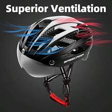 Casco Bicicleta Basecamp Casco para Bicicleta con Luz Trasera y Visera Magnéticas Desmontables y Mochila Portátil Casco Ciclismo Hombre Mujer Ligero Ajustable para Adulto Montaña y Carretera BC-069 - Blanco negro - Ver 4