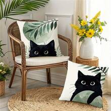 2pcs/Set Of Adorable Black Cat Print Pillow Covers, 45x45cm, Comfortable Polyester Decorative Pillowcases With Bohemian Sage Green Botanical Pattern, Zipper Closure, Single-Sided Printed Cushion Cover, Ideal For Living Room, Patio, Sofa, Home Decor, No Pillow Core - Set C - View 6