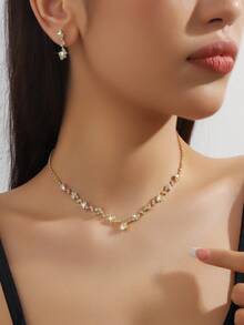 Bộ trang sức pha lê lấp lánh dành cho nữ - Bao gồm dây chuyền mắt xích mảnh mai, vòng tay và bông tai dáng dài, thích hợp cho đám cưới, tiệc tùng, dạ hội và sử dụng hàng ngày. - Vàng - Xem 3