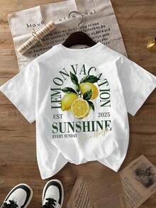 Women's Daily Lemon Vacation Sunshine 2025 Fri-Yay Green Slogan Lemon Graphic Round Neck Short Sleeve Casual T-Shirt Top, Vacation Wear For Women, Summer Clothing, Spring Clothing, Tops, Club Wear White - White - View 3