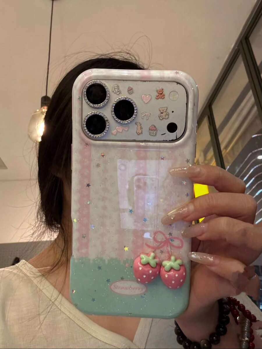 防震草莓元素时尚甜美少女星条纹3D手机壳，适用于 17 Pro Max，全包防摔，兼容 16 Pro、15、16 Pro Max春季款 - 粉色 - 查看 1