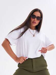 T-shirt femme uni, coupe oversize, épaules tombantes, col rond, manches courtes | 95 % coton, jersey Lycra, coupe décontractée | Haut basique ample idéal pour le streetwear, les moments de détente et le quotidien | Taille 42 | Couleur : Blanc - Blanc - Voir 2