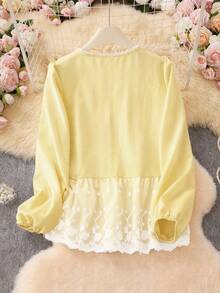 Women's Sweet Bowknot Round Neck 3/4 Sleeve High Waist Blouse With Embroidery Patchwork, Tops, Summer Tops Spring - Light Yellow - View 3