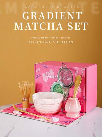 Juego de té Matcha de 4 piezas/5 piezas con decoración de lazo, incluye tazón de Matcha con pico vertedor, batidor de bambú Matcha, tamiz de acero inoxidable, accesorios de té para amantes del té y compradores de regalos (adecuado para la ceremonia del té Matcha)