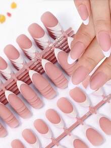 60pcs French Gel Nail Stickers, Short Almond Shape Gel Nail Stickers, French Nail Stickers With Adhesive, 3-In-1 Pre-Designed French Gel Nail Stickers, DIY Fake Nails - Dusty Pink - View 4