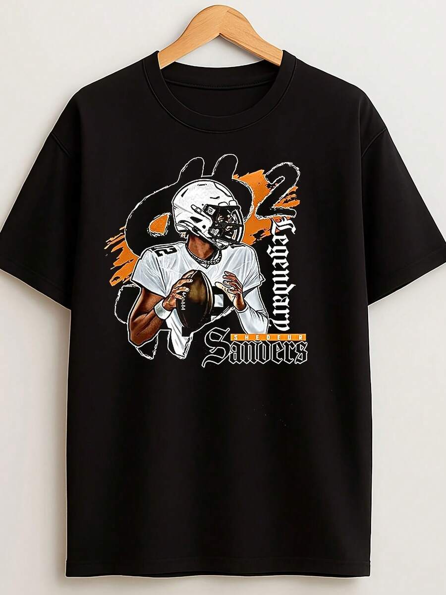 Camiseta de Fútbol Clásica Shedeur 2legendary, Estilo Más Reciente de 2026 | Cuello Redondo Casual, Tela Ligeramente Elástica, Corte Regular, Estampado de Patrones Geométricos, Perfecto para Hombres - Negro - Ver 1