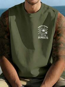 Fractyr Men's Casual Sports Outdoor Vest | Minimalist Palm Tree, Sun And Letter Print | Exquisite Design | Essential For Summer | Multifunctional And Easy To Wear | Perfect Gift For Friends | Showcase Unique Personalized - Army Green - View 2