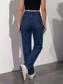 Pantalón Mujer Casual Straight Leg Washed Ripped Raw Hem Tela rígida Bolsillos Button Zipper Corte Recto Sin Estampado, atemporal uso  Diario - azul oscuro s/d - Ver 5