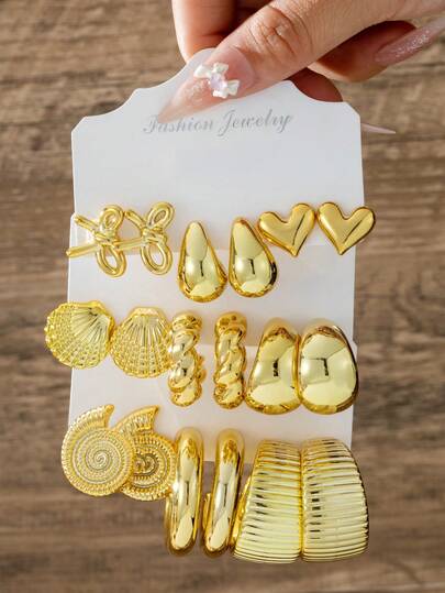 2/6/18件套金色优雅耳环套装，女士款，包含海洋生物、水滴形、蝴蝶结、各种几何形状耳环，适合日常搭配不同风格。
